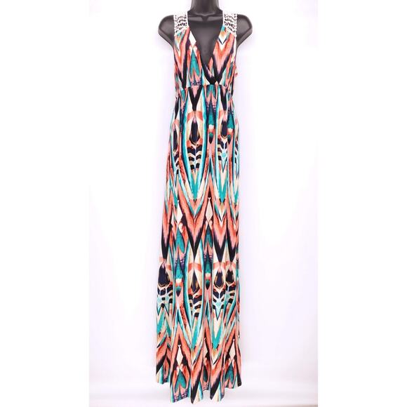 Felicity & Coco Jersey Maxi Dress M Multi Crochet Back Empire Waist Flowy Boho - Picture 9 of 11